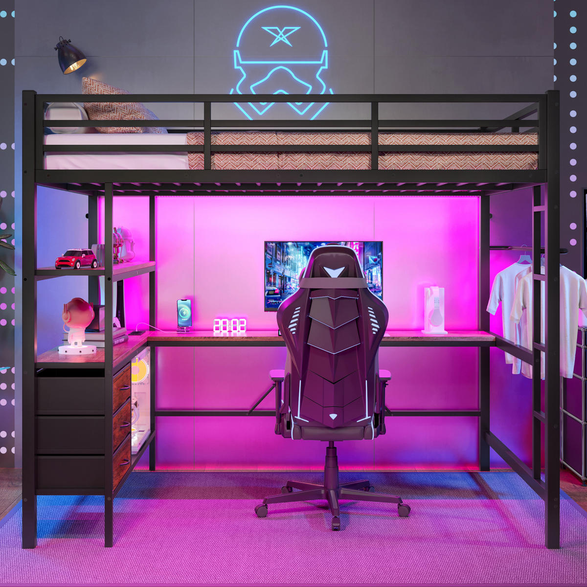 HOCHBETT 140x200cm Schwarz LED-Licht Schreibtisch USB 3 Schubladen - Schwarz, Metall (140/200cm) - FLIEKS