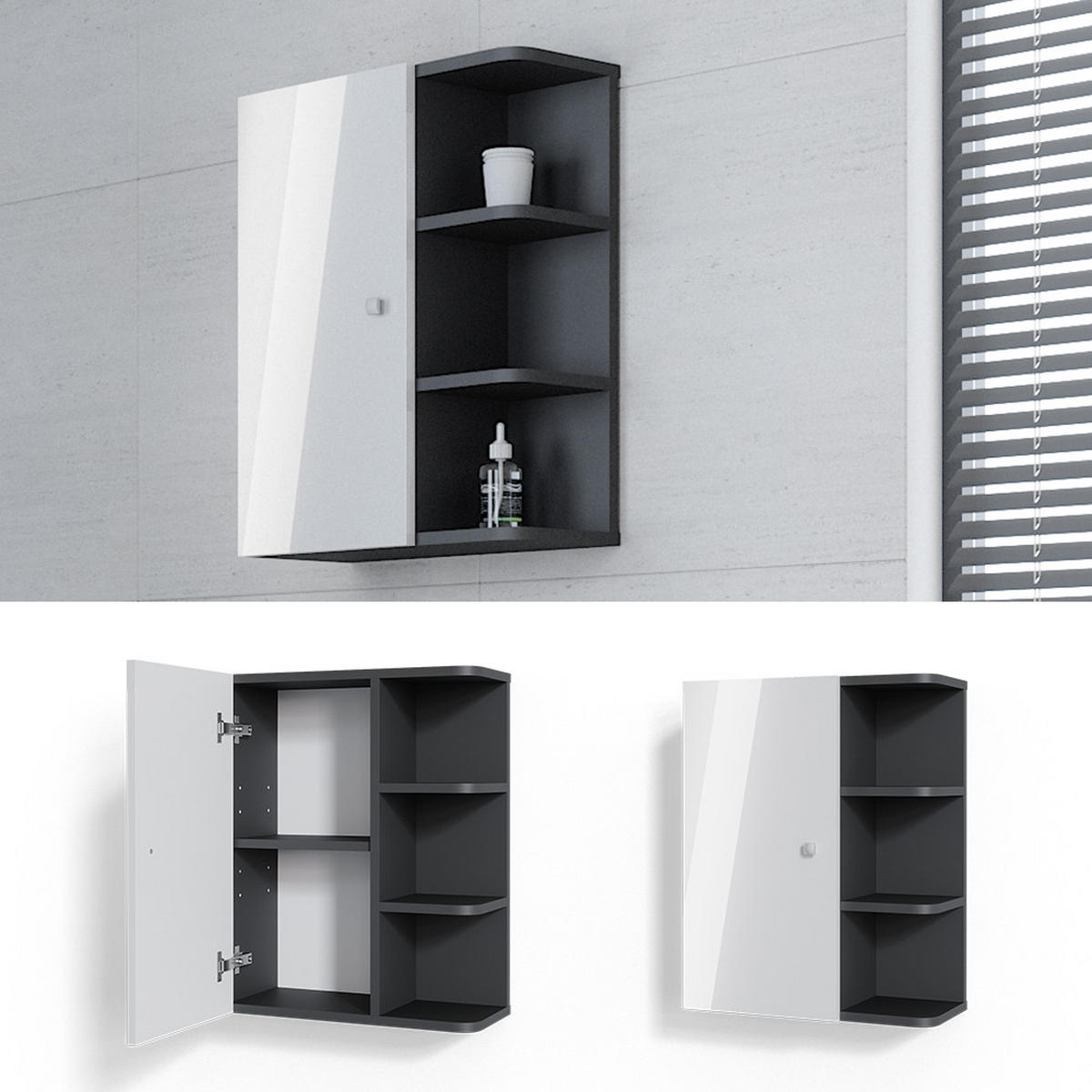 BADSCHRANK Fynn Weiß Hochglanz 47.2 x 59.2 cm - Weiß Hochglanz/Anthrazit, Holzwerkstoff (47.2/59.2/21cm) - Vicco