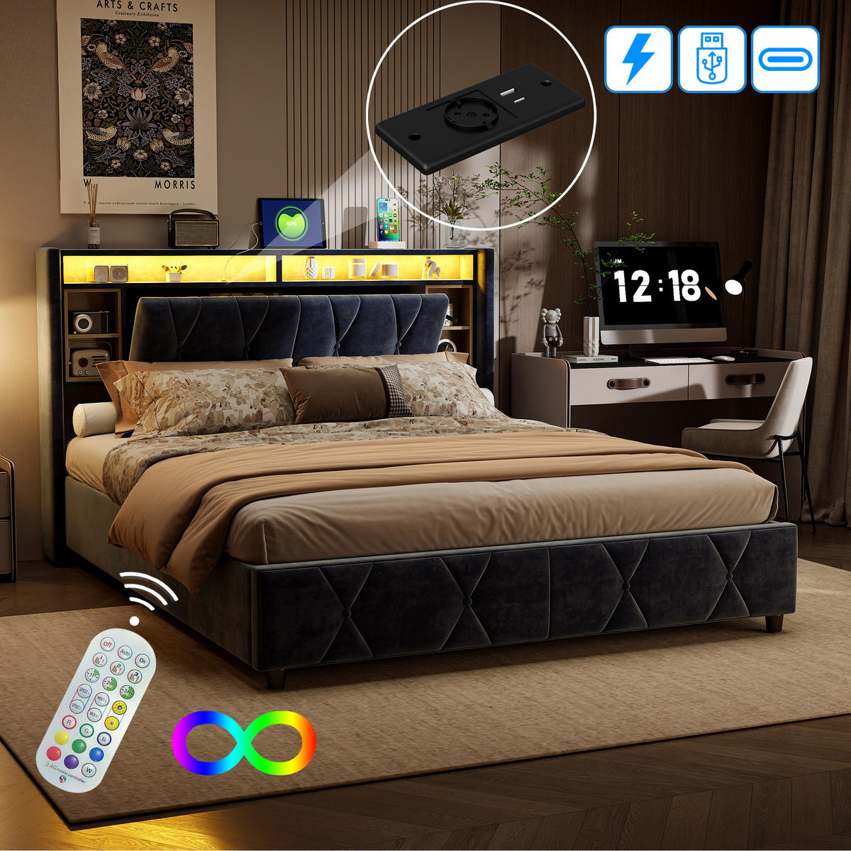 POLSTERBETT 160/200 cm grau mit Stauraum, LED und USB - Grau, Holz