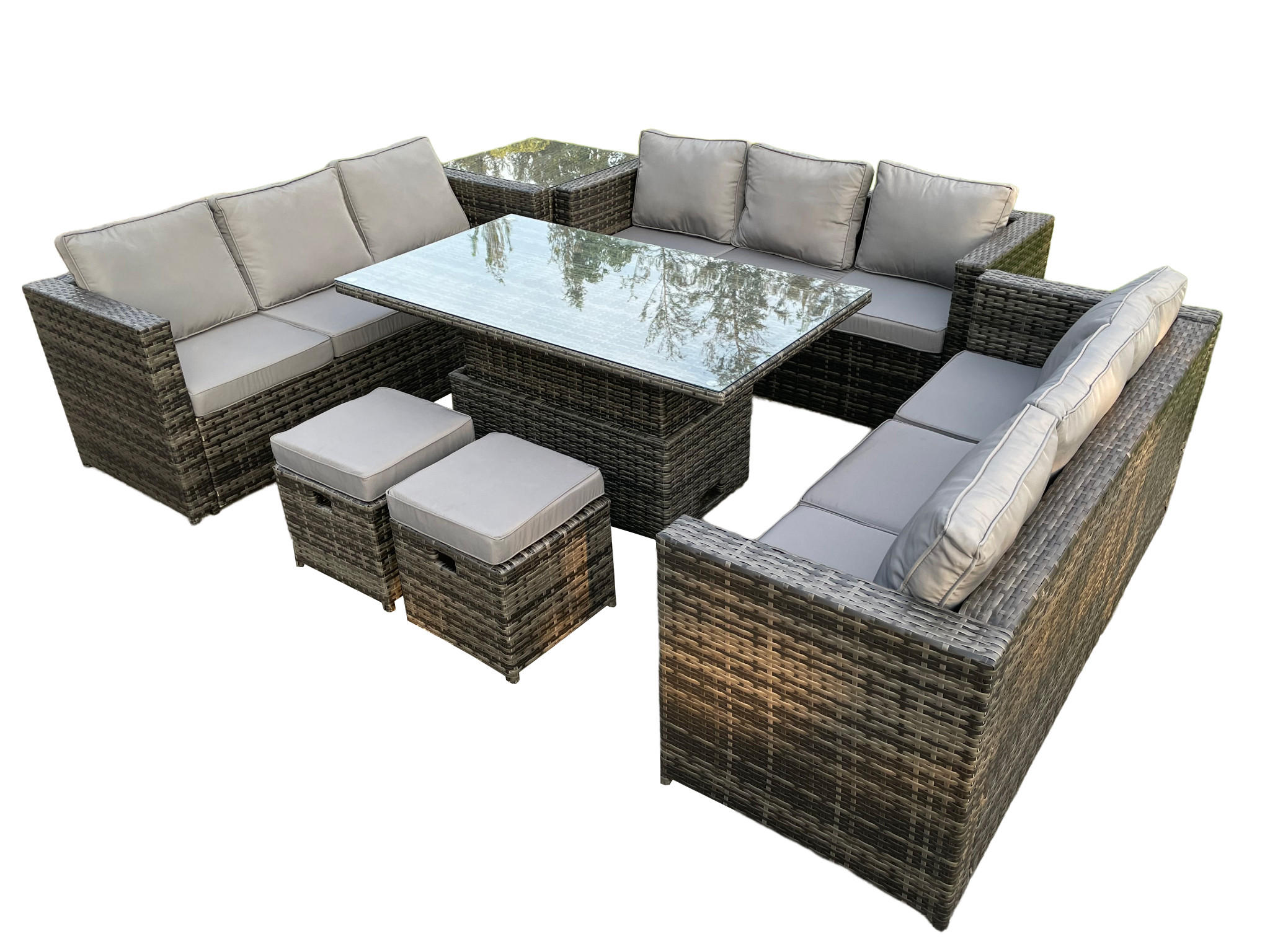 GARTENMÖBEL SET mit Beistelltisch Polyrattan 11-Sitzer - Dunkelgrau/Grau, Glas/Kunststoff - Fimous