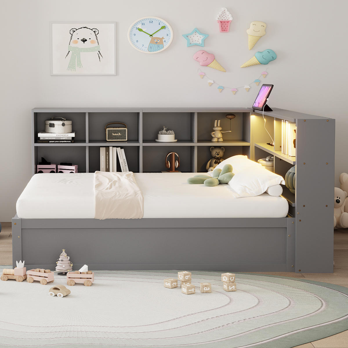 BETT mit hydraulischem Bett und LED-Beleuchtung Grau 90/200 cm - Grau, Holz (90/200cm) - OKWISH