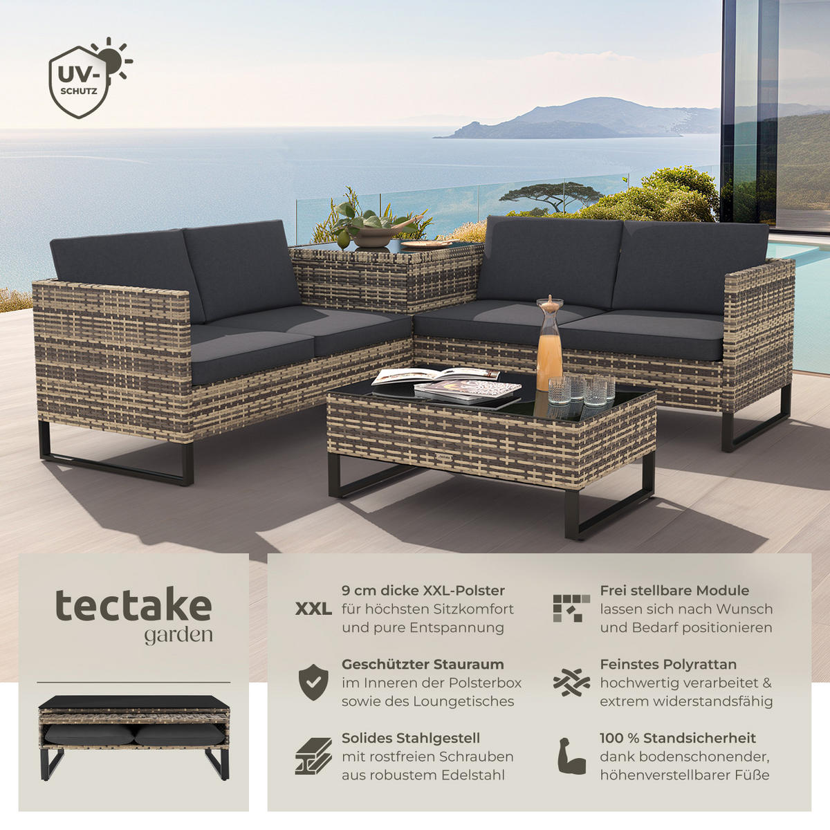 RATTANLOUNGE Ostuni,mit Sicherheitsglasplatte,natur - Naturfarben, Kunststoff - tectake