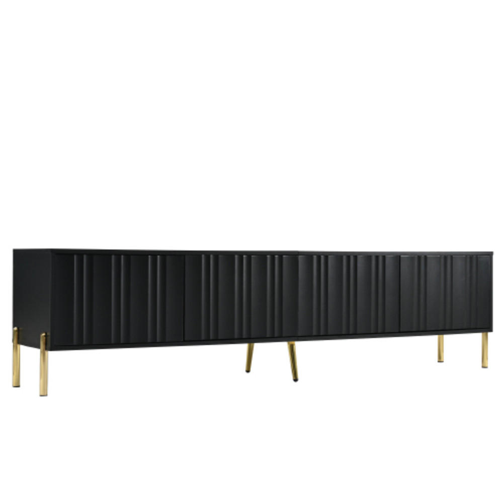 LOWBOARD Schwarz aus MDF und Spanplatte mit vertikalem Rillendesign & goldenen 15cm-Beinen 190×38×48 cm - Schwarz, Holzwerkstoff (190/48/38cm) - Luhomfu