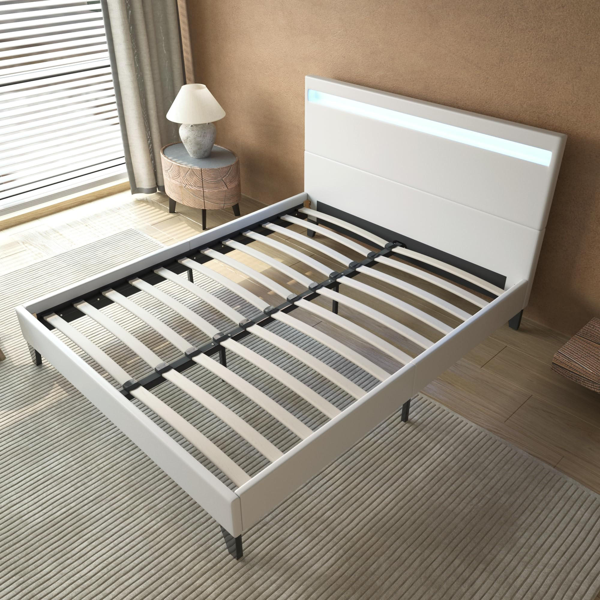BETT 160x200 cm mit Kopfteil aus weißem Kunstleder - Weiß, Naturmaterialien (160/200cm) - November Sleep