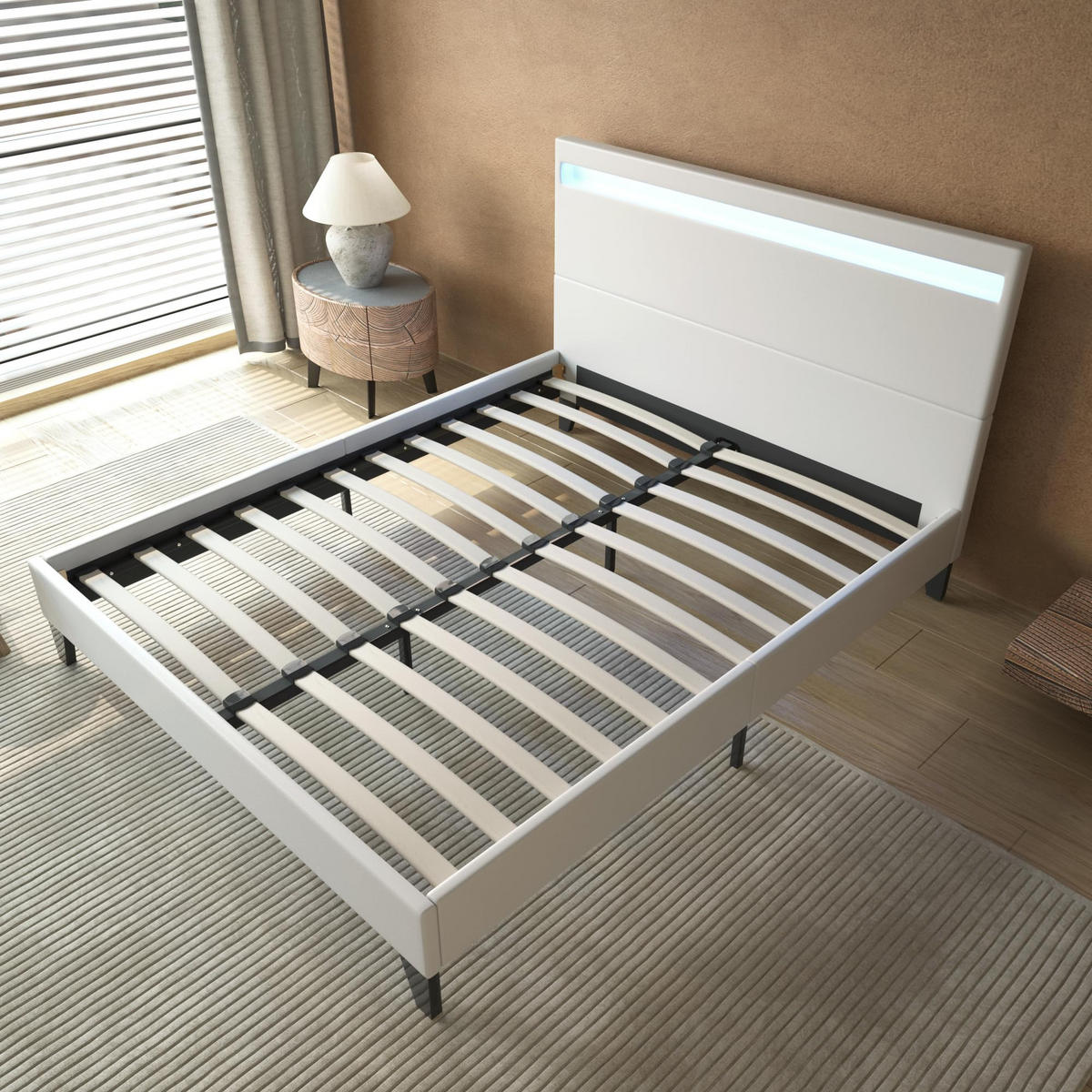 BETT 160x200 cm mit Kopfteil aus weißem Kunstleder - Weiß, Naturmaterialien (160/200cm) - November Sleep