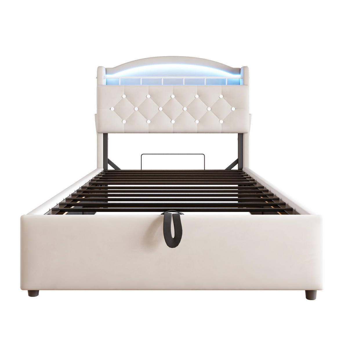 SAMT-POLSTERBETT 90/200 cm mit Bettkasten, LED und gepolstertem Kopfteil - Beige, Textil (90/200cm) - BEAOK