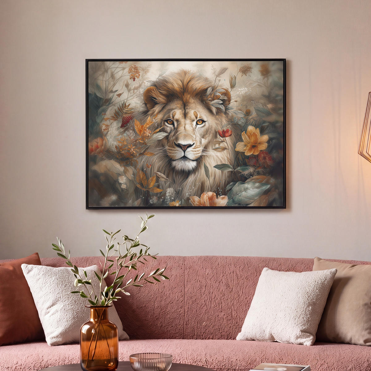 LEINWAND Bilder mit Rahmen - Löwe - Wildtiere - Pflanzen - Natur - Blumen - 70x50 - Beige, Textil (70/50cm) - MuchoWow