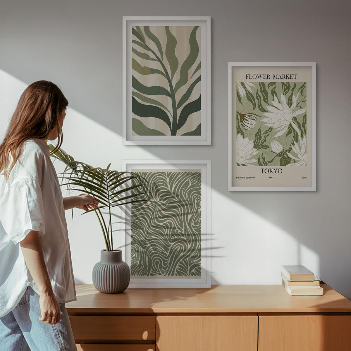 WANDBILDER 3er-Set - 40x60 cm Weißer Rahmen - Pflanzenmuster, Boho-Dekorationen - Weiß, Kunststoff (40/60cm) - ArtPrintCave