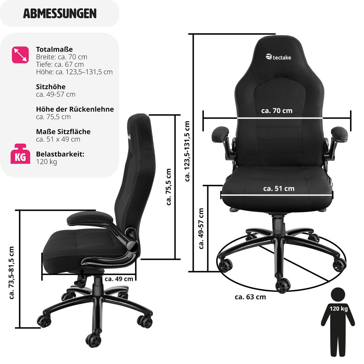 BÜROSTUHL Springsteen, stufenlos höhenverstellbar, schwarz - Schwarz, Kunststoff (70/131.5/67cm) - tectake