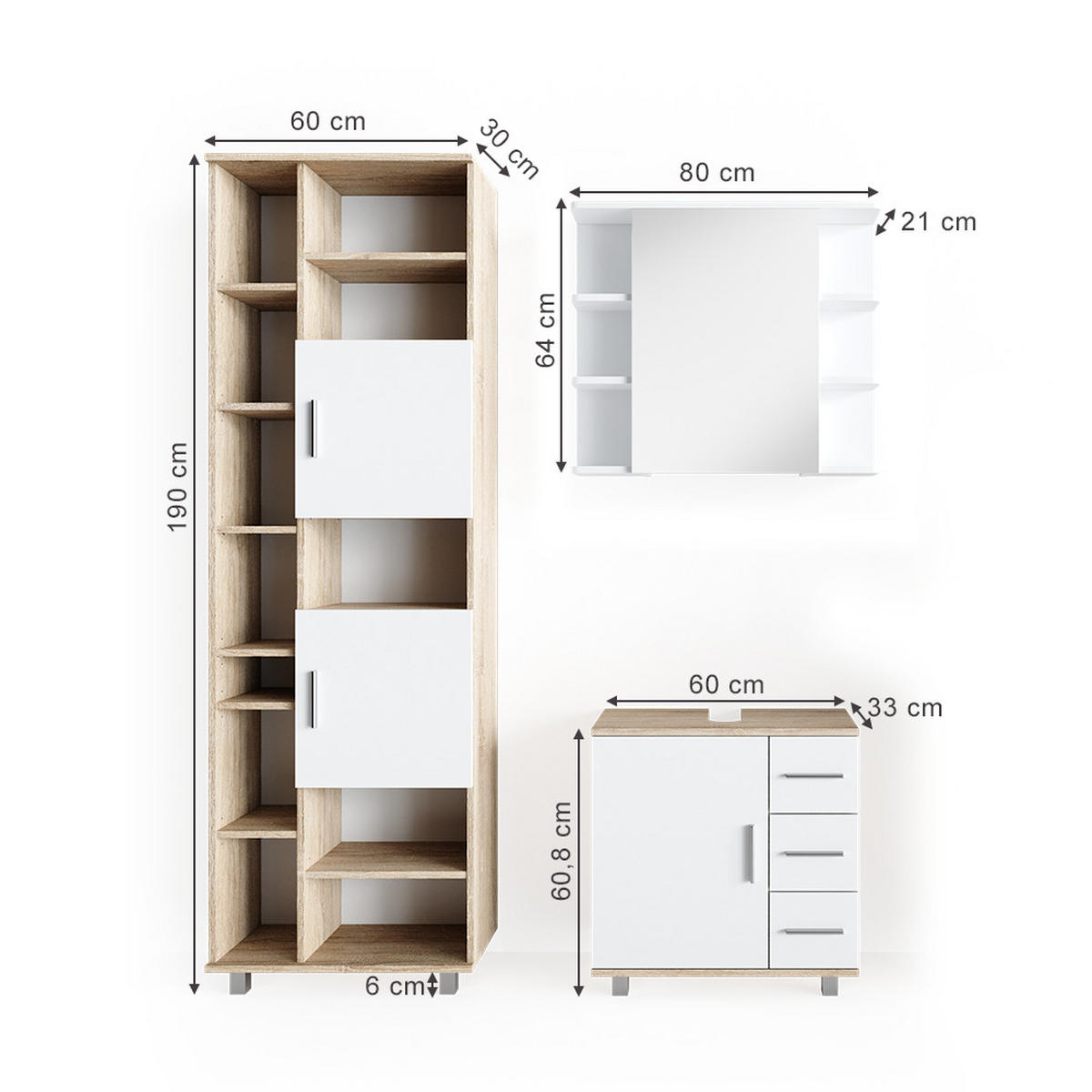 BADMÖBEL-SET Ilias Sonoma 3 Teile, mit Hochschrank - Weiß/Sonoma Eiche, Holzwerkstoff (60/60.8/33cm) - Vicco