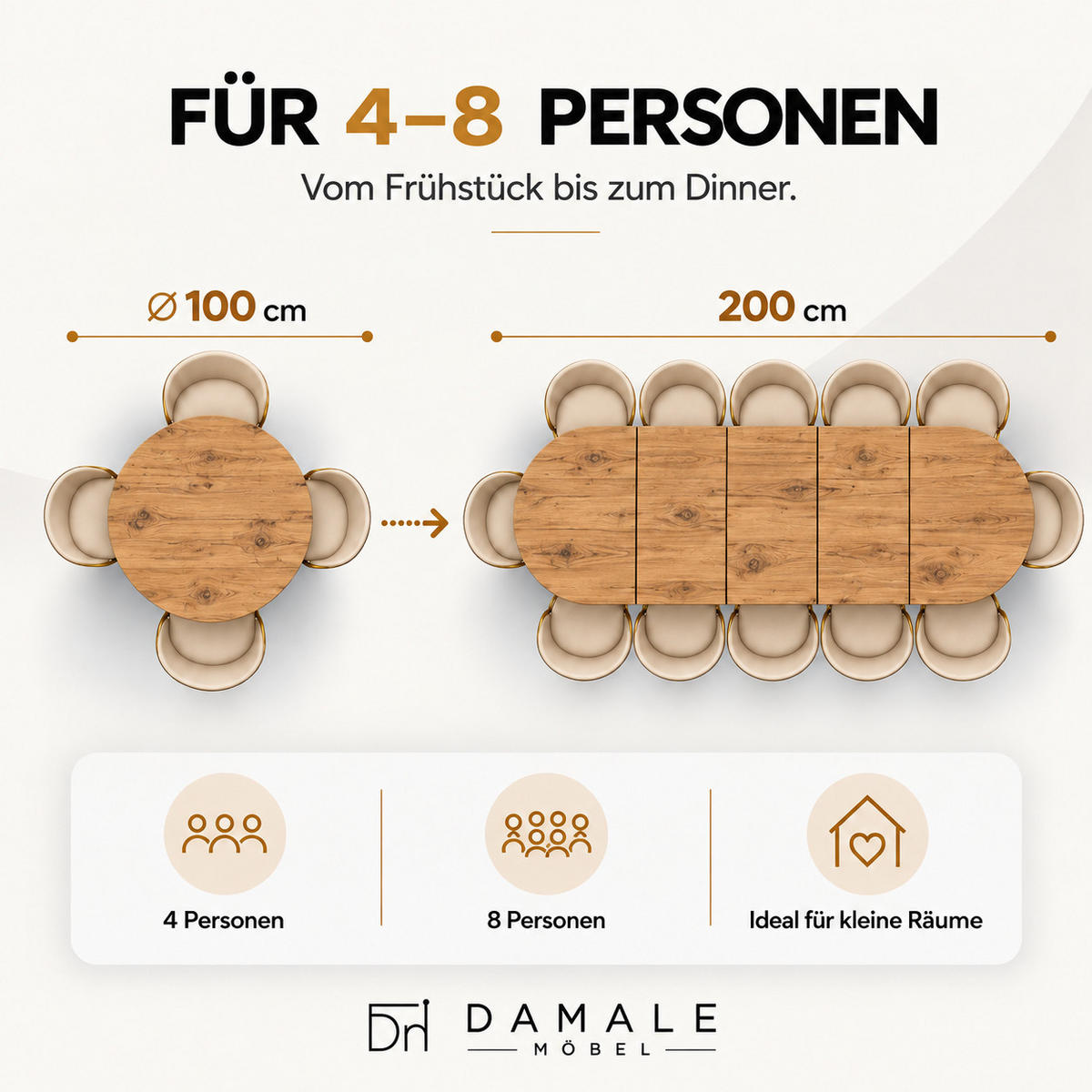 ESSTISCH rund ausziehbar 100/200/76 cm, Eiche Craft, 54 cm Tischplatte + Y Metallgestell Schwarz - Eichefarben/Schwarz, Holzwerkstoff/Metall (100/200/76cm) - Damale Möbel