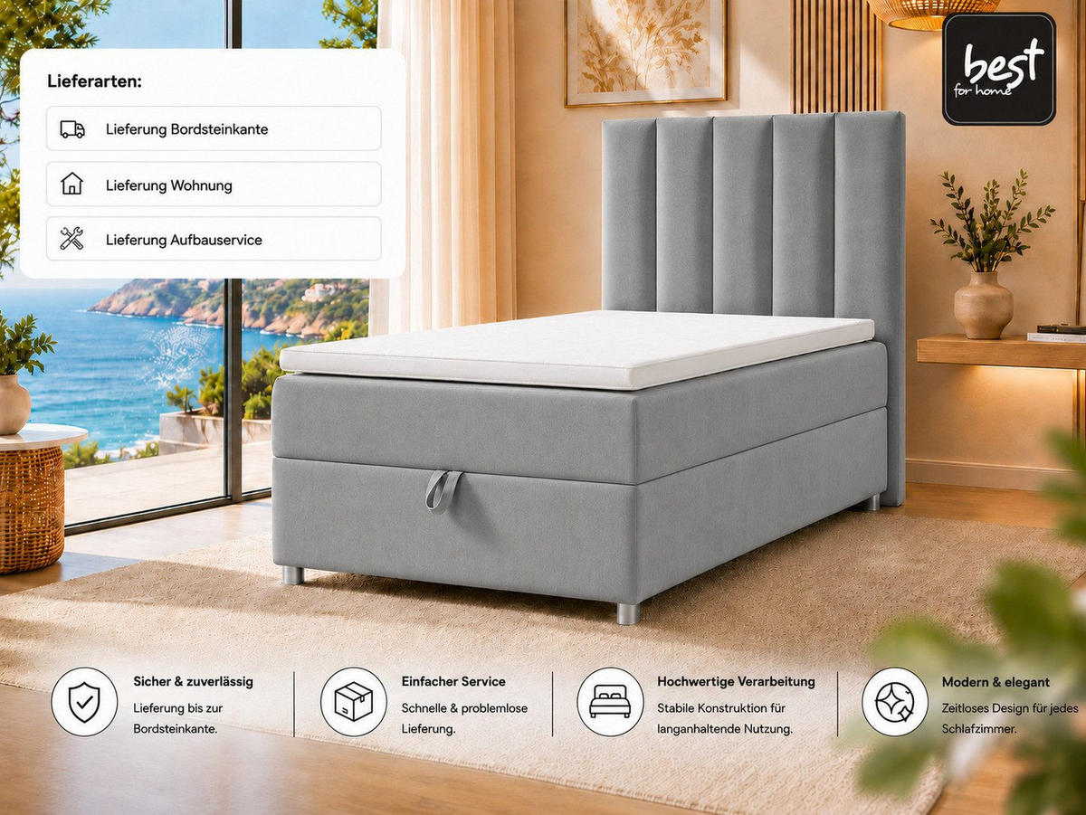 BOXBETT mit Bettkasten Trinity K-10 SINGLE Bonellfederkern inkl. Topper - Grau, Holz/Holzwerkstoff (100/200cm) - Best For Home
