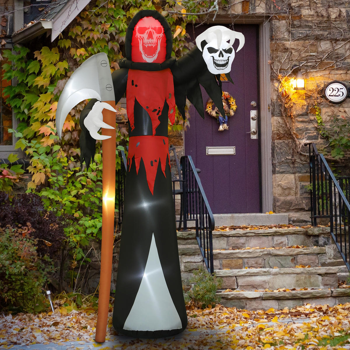 HALLOWEEN-DEKORATION 3,7 m riesiger Sensenmann mit LED-Beleuchtung für Outdoor - Schwarz, Textil (115/370/205cm) - Outsunny