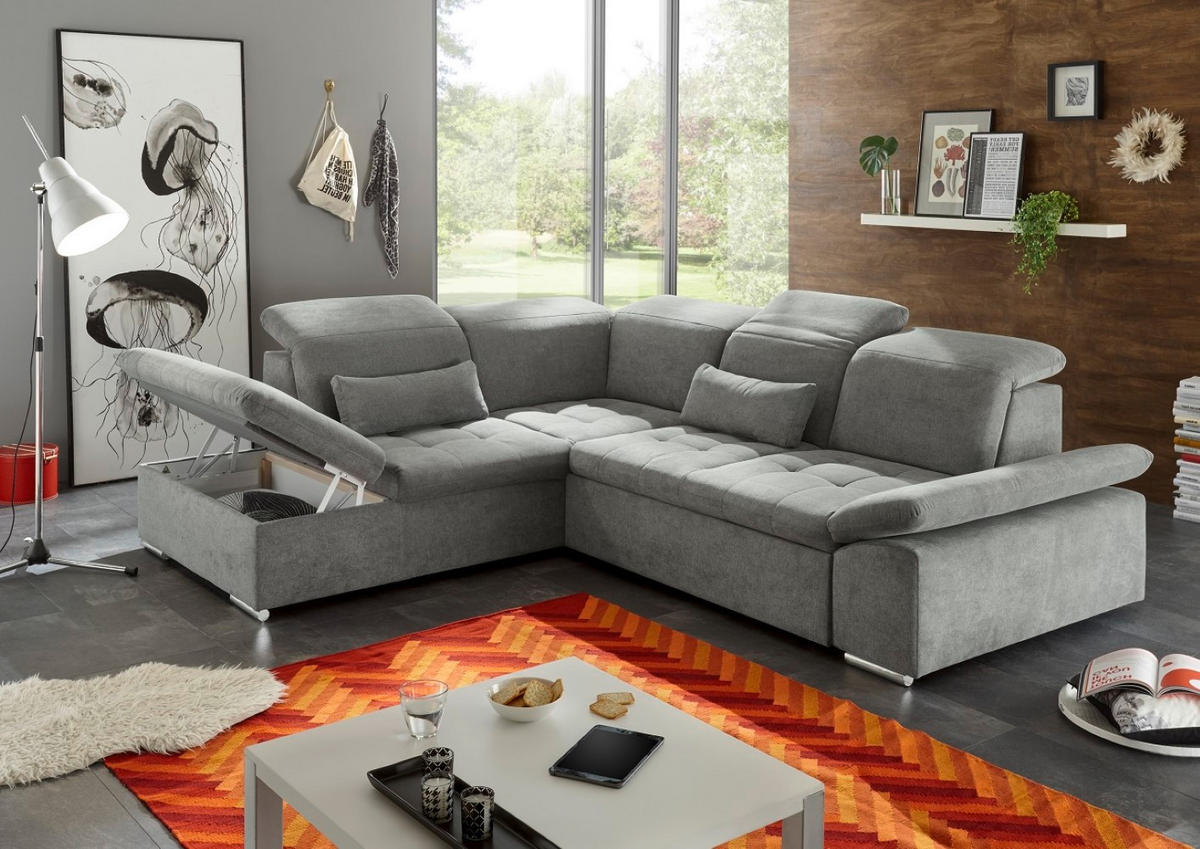 ECKSOFA mit Schlaffunktion mit Bettkasten und verstellbaren Kopf- und Rückenlehnen - Chromfarben/Schlammfarben, Textil (276/240cm) - ed exciting design