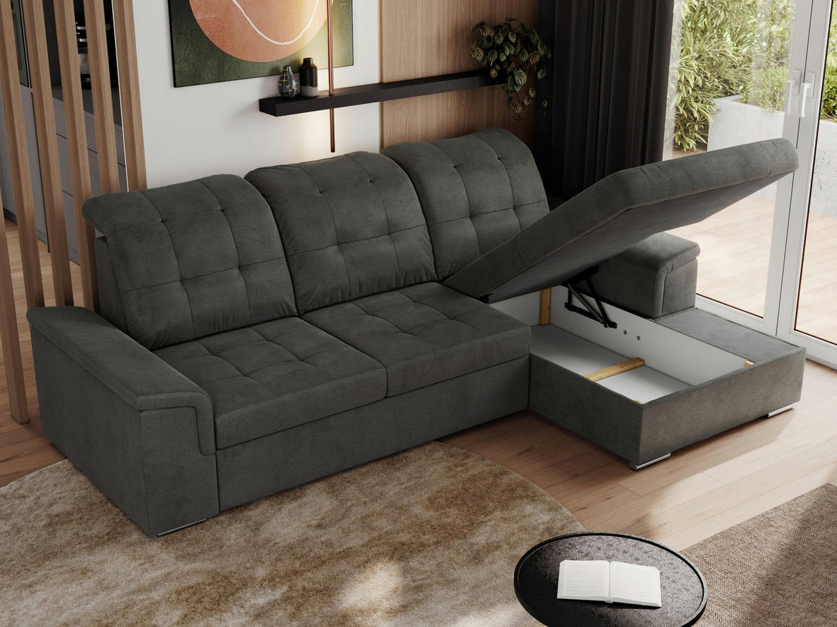 ECKSOFA MADRITO L - Dunkelgrau Velorus - Rechts - Dunkelgrau/Silberfarben, Textil/Metall (256/160cm)