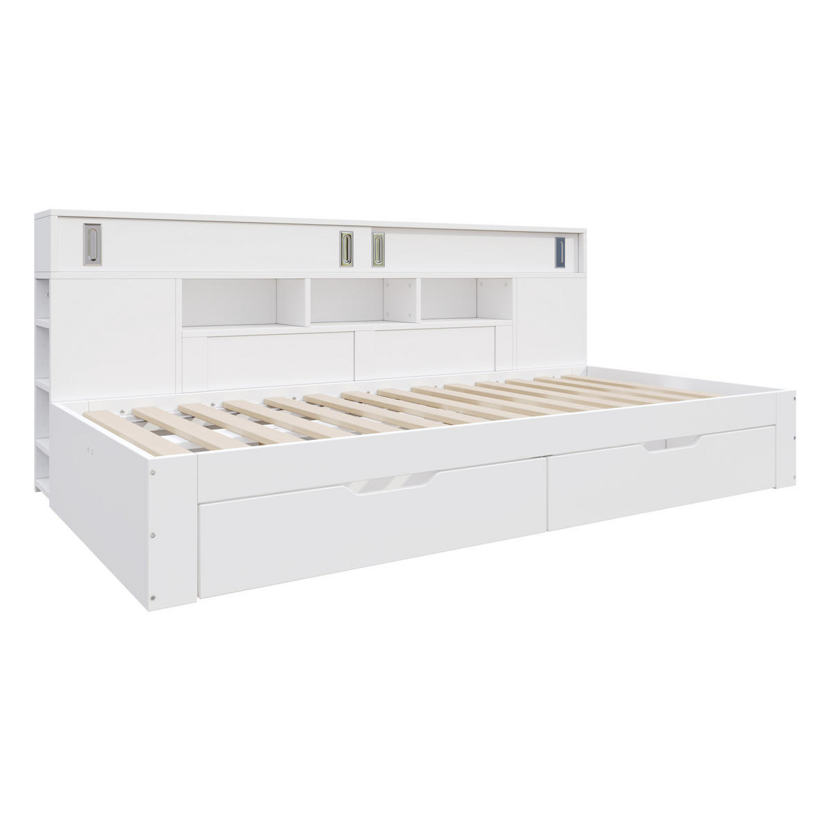 KINDERBETT aus MDF 90x190 cm Weiß mit 2 Schubladen, Schiebetür-Schrank und verstellbaren Regalen - Weiß, Holzwerkstoff (90/190cm) - Modfu