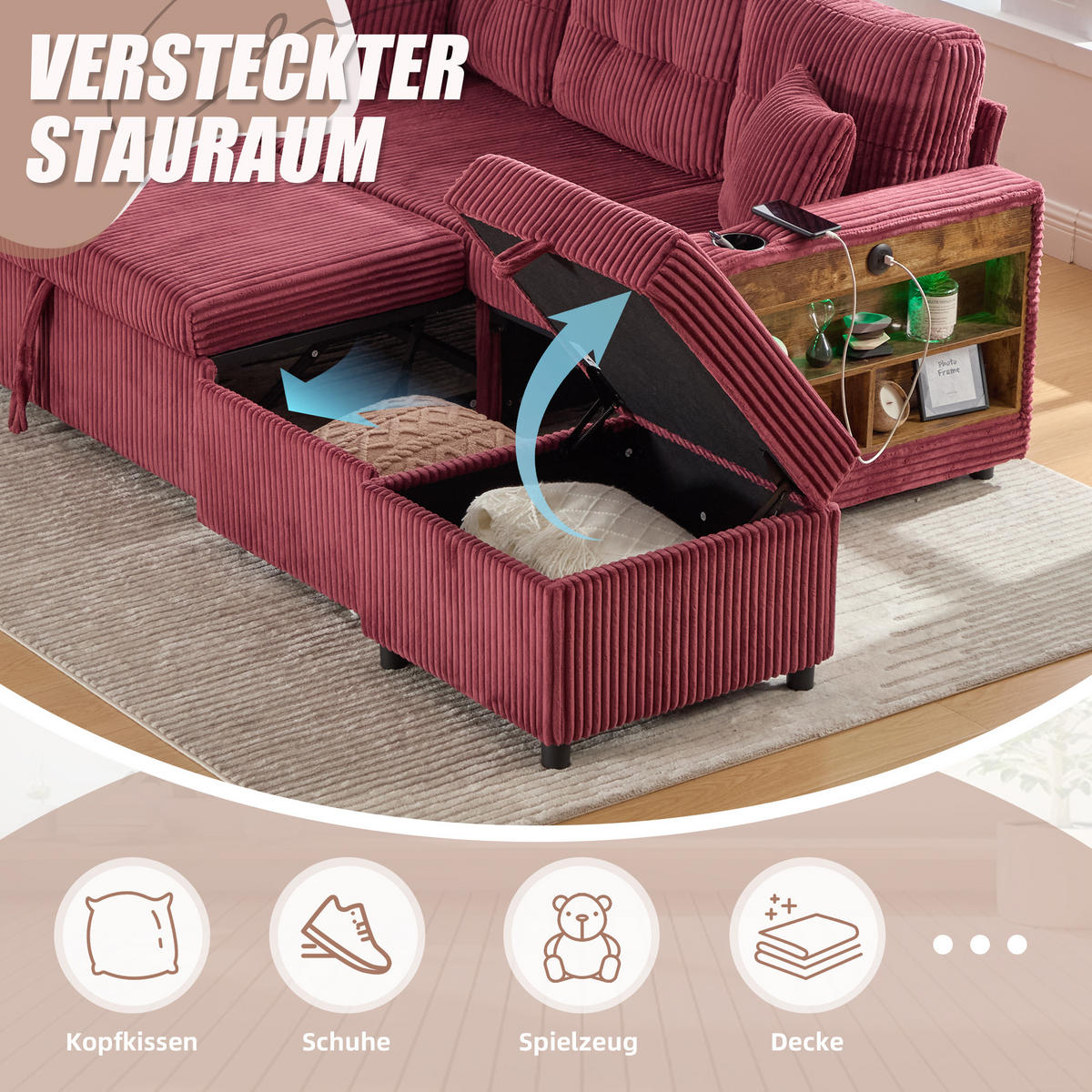 SCHLAFSOFA aus Cord mit Stauraum, Ausziehbett und USB-C - Weinrot, Textil (196/85/82cm)