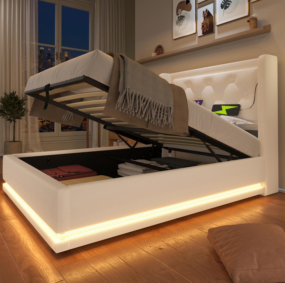 POLSTERBETT aus PU 90x200 cm Weiß mit Bettkasten, LED-Beleuchtung und USB-/Typ-C-Anschlüssen - Weiß, Leder (90/200cm) - IVMEU