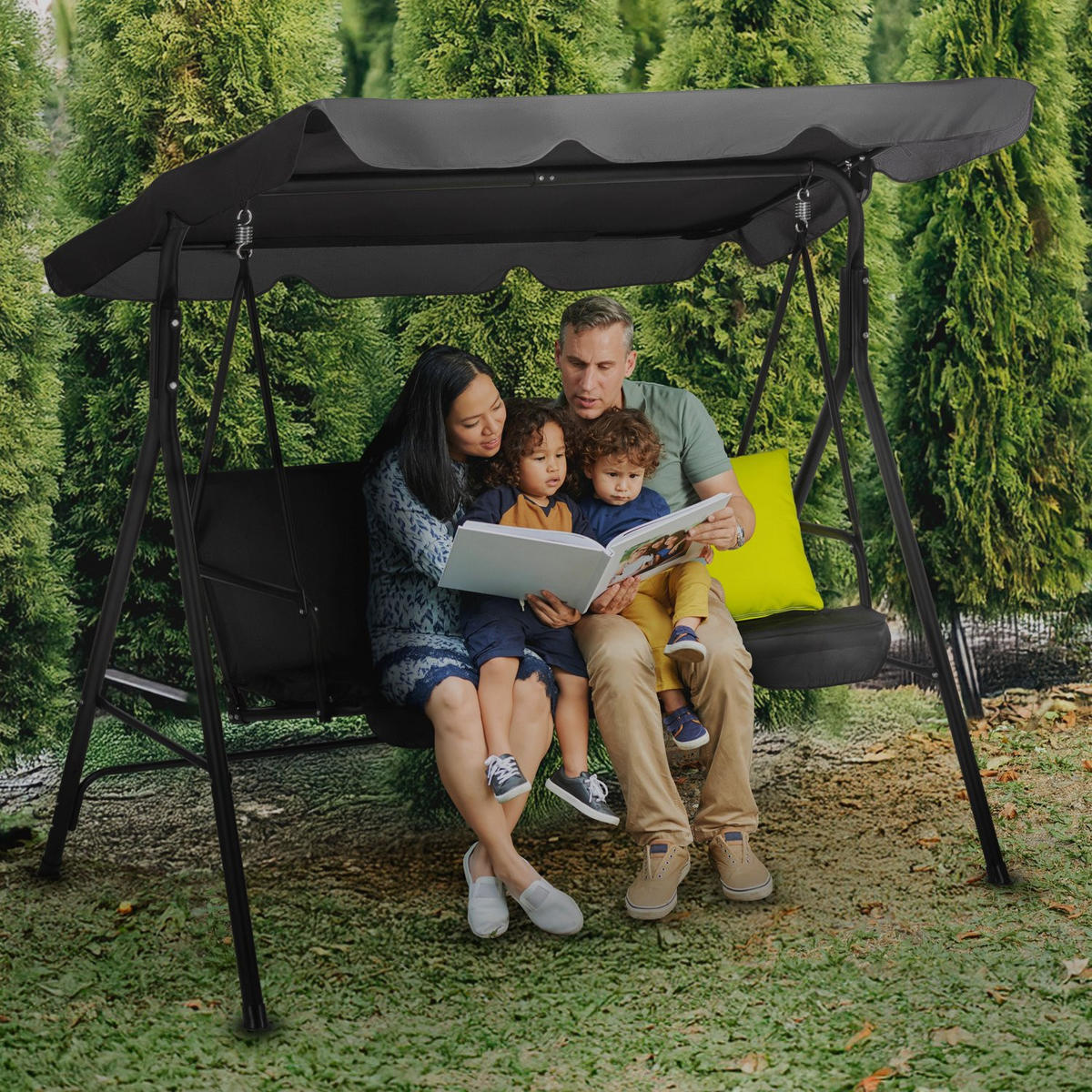 HOLLYWOODSCHAUKEL mit Sonnendach, 170/110/153 cm, 3 Personen, 2 Kissen, bis 200 kg - Goldfarben/Schwarz, Textil/Metall (170/153/110cm) - Luverno