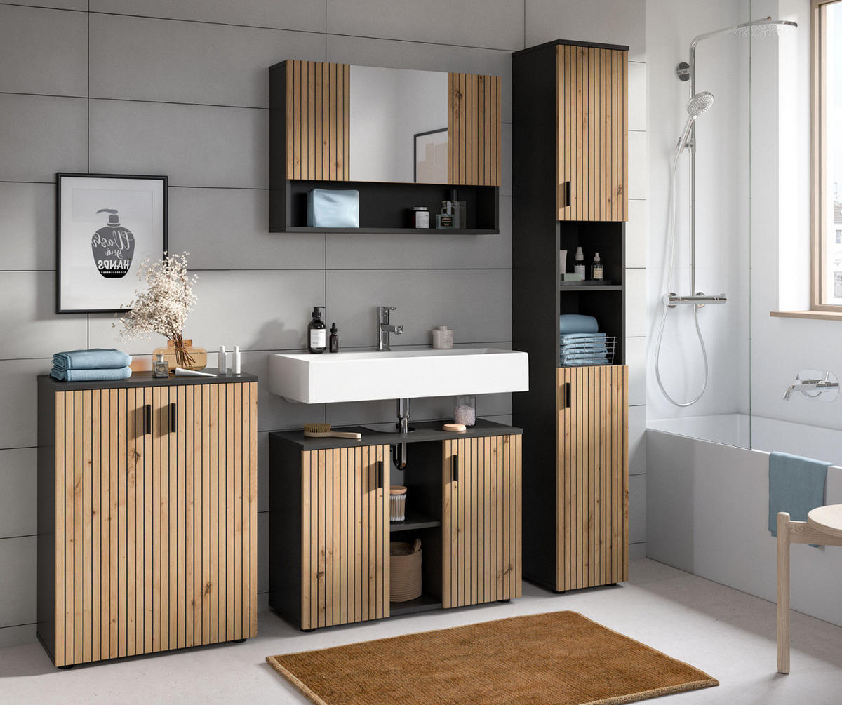 BADMÖBEL-SET Eiche Artisan, grau 4-teilig 200 cm, Badkombination mit viel Stauraum - Schwarz/Eiche Artisan, Glas/Holzwerkstoff (200/192/30cm) - Inn.Furn