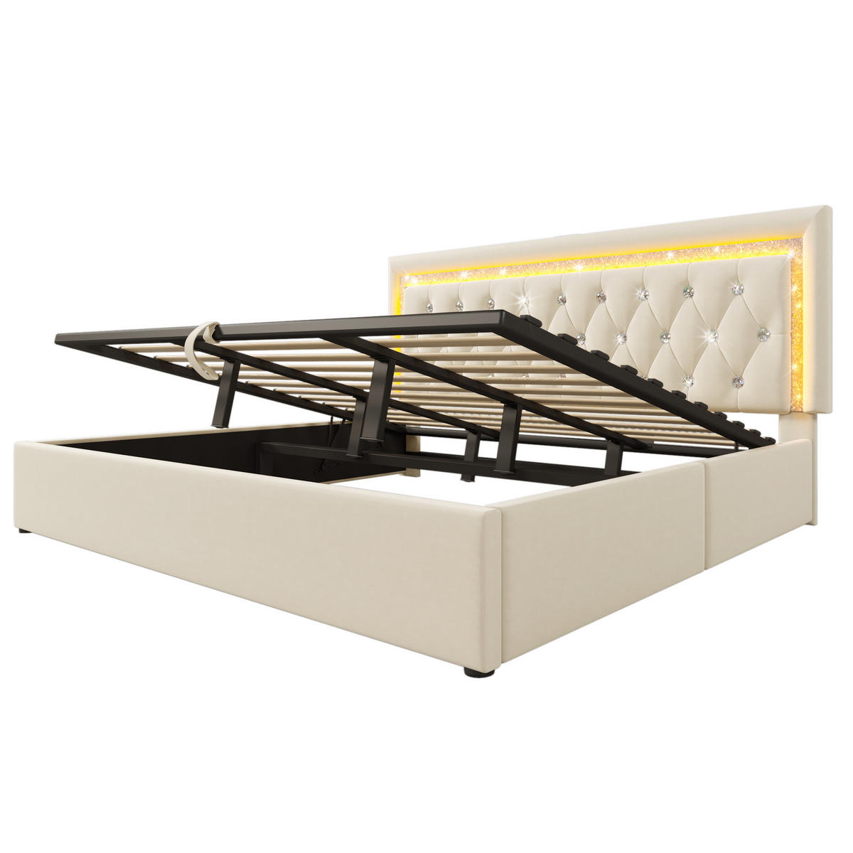 POLSTERBETT aus Samt 180x200 cm Beige mit LED-Beleuchtung, USB-C und hydraulischem Bettkasten - Beige, Textil (180/200cm) - IVMEU