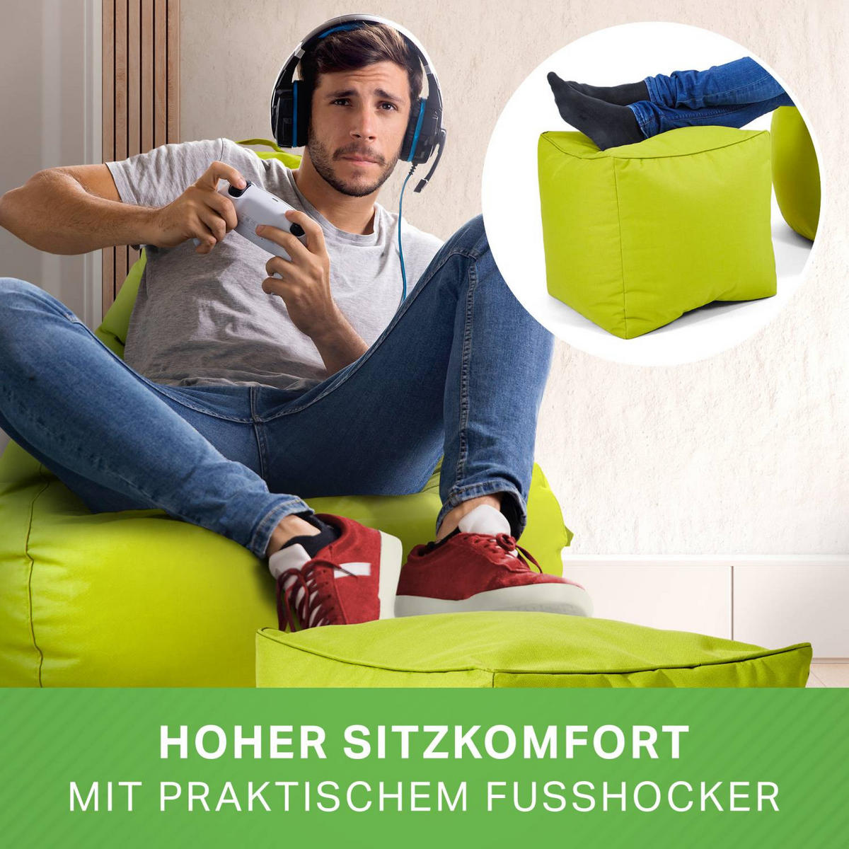 SITZSACK + Hocker "Cozy+Cube" 2er Set - Hellgrün, Textil (70/90/80cm) - Green Bean