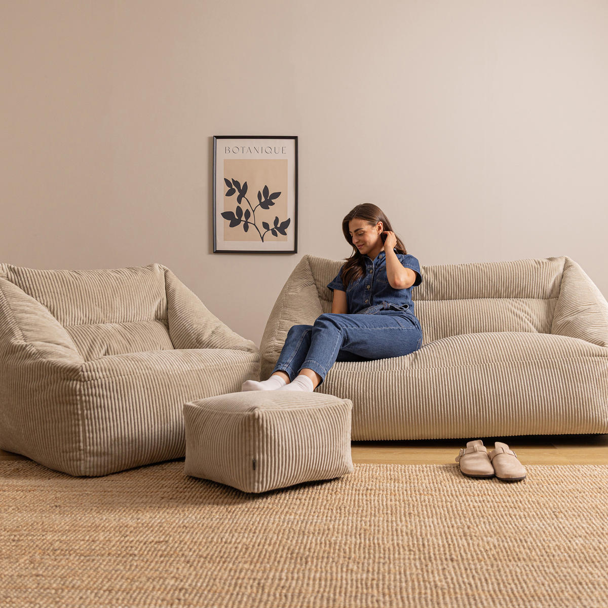 SITZSACK Sofa mit Sessel und Hocker Cecilia - Beige, Textil (160/70/93cm) - icon