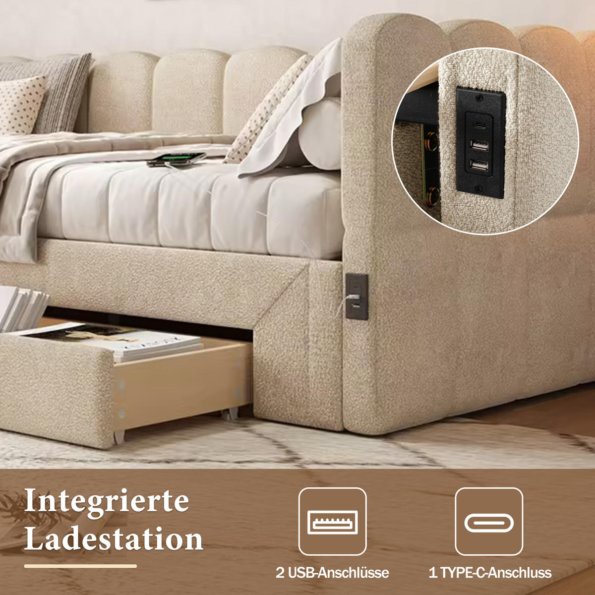 POLSTERBETT 90/200 cm beige aus Chenille mit Ausziehfunktion und USB-Anschluss - Beige, Textil (90/200cm) - OKWISH