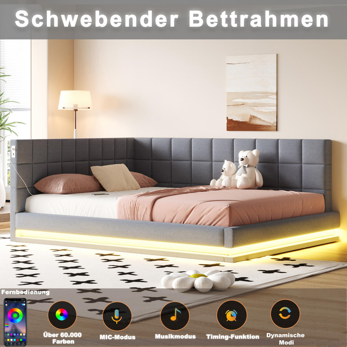 SCHLAFSOFA 160/200 cm in Grau Leinen mit LED und USB - Grau, Holzwerkstoff/Textil (160/200cm) - WISHDOR