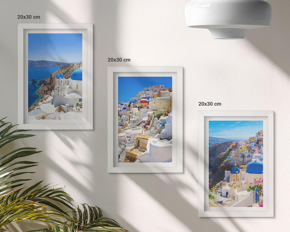 BILDER SET 3er Set - 20x30 cm Weißer Rahmen - Landschaftsarchitektur Oia Santorini - Weiß, Kunststoff (20/30cm) - TULUP