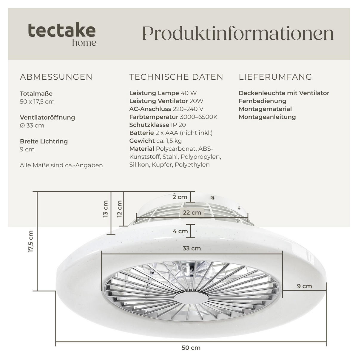 LED DECKENLEUCHTE MIT VENTILATOR Storm, Ø 50 cm, mit Fernbedienung, weiß - Weiß, Metall (50/50/17.5cm) - tectake