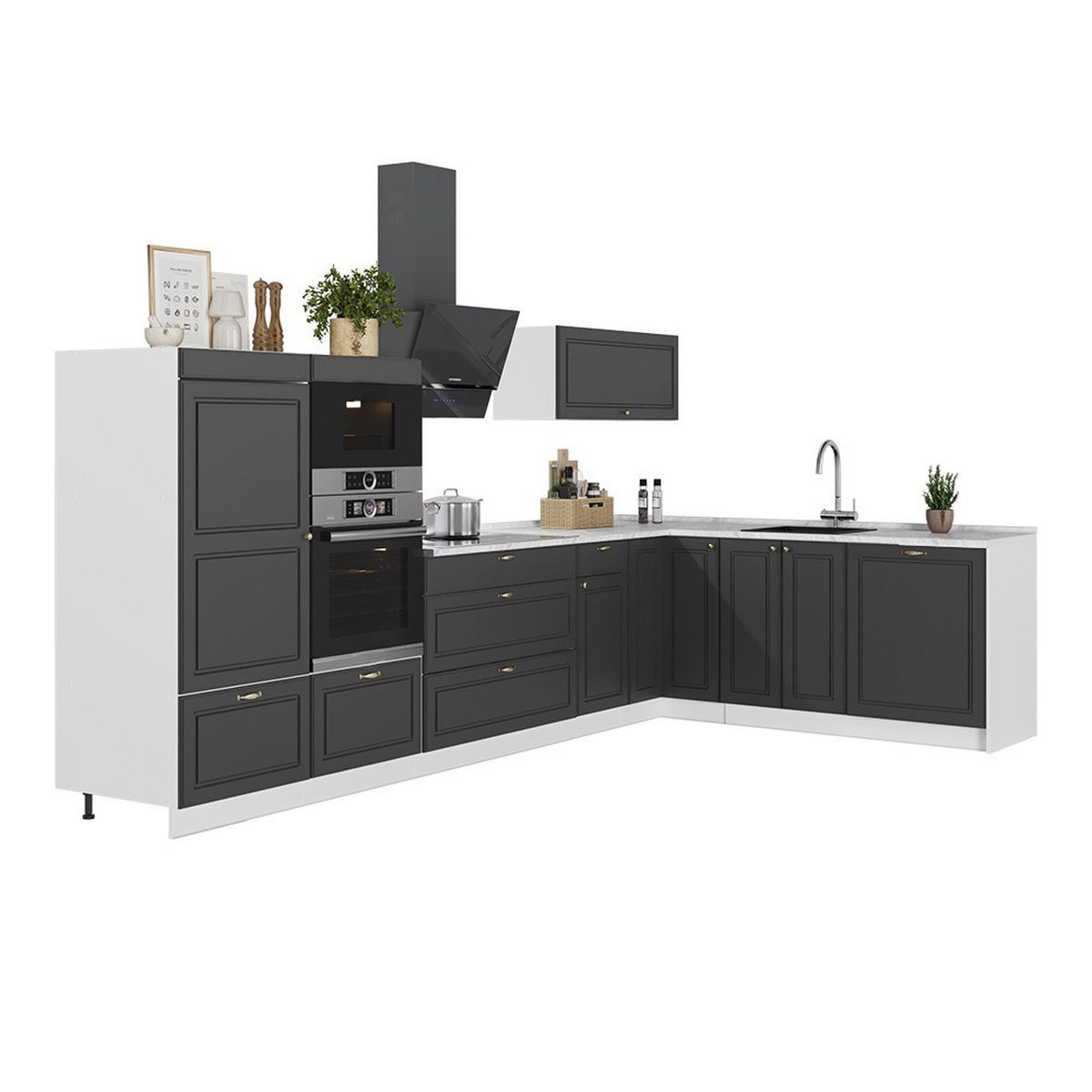 KUHINJA U OBLIKU SLOVA L Fame-Line, Seoska Antracit-Zlatna/Bijela, 347 x 207 cm, RP Hrast - bijela/antracit, drvni materijal (347/153.6/60cm) - Vicco