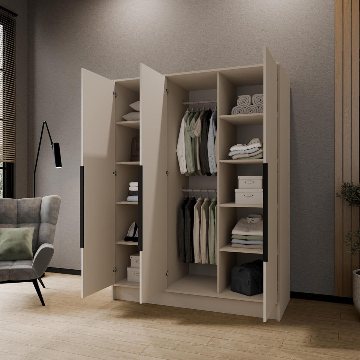 DREHTÜRENSCHRANK Pavia ohne Spiegel, Kaschmir mit mit schwarzen Griffen, 150 cm - Kaschmir, Holzwerkstoff (150/200/51cm) - Beautysofa