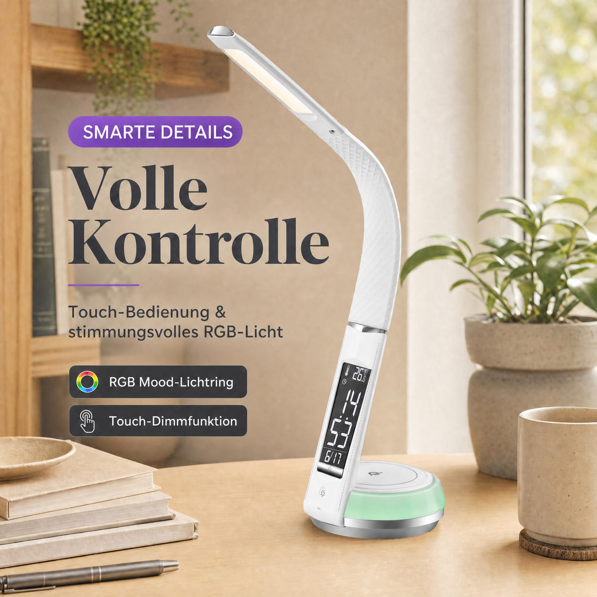 LED-SCHREIBTISCHLAMPE - mit drahtloser QI-Ladestation, Touch-Dimmer und integrierter Uhr für modernes Arbeiten - Weiß, Kunststoff (13.7/13.7/54.5cm) - Northpoint