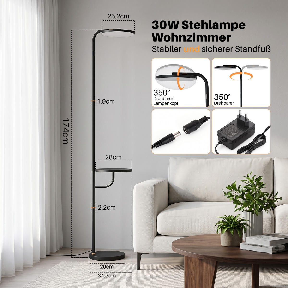 LED STEHLAMPE Evvin 34/28/174 cm - Schwarz, Kunststoff/Metall (34/28/174cm) - ZMH