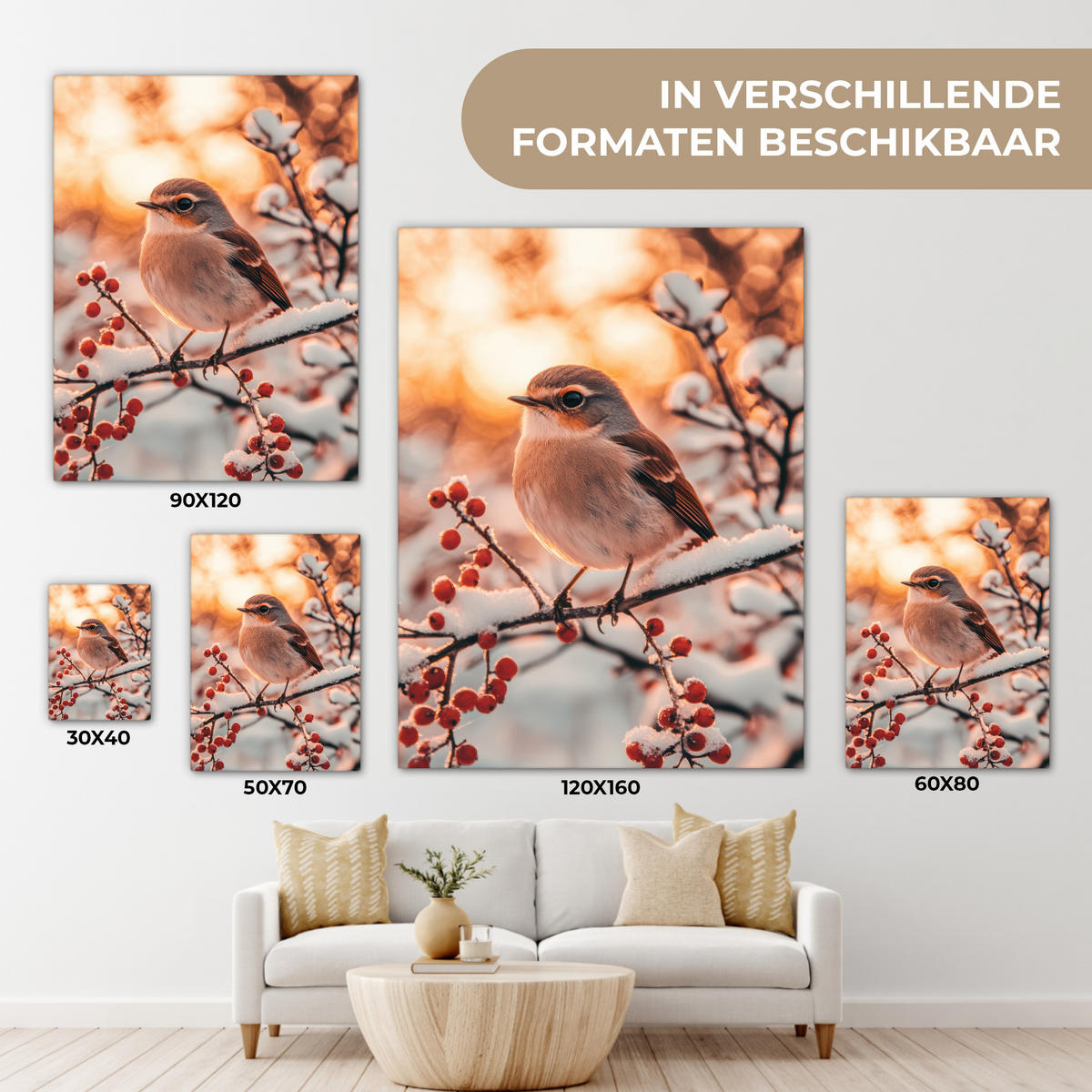 LEINWANDBILD Vogel - Zweig - Winter - Tiere - Schnee Wandbild Wohnzimmer 60x80 cm - Bernsteinfarben, Textil (60/80cm) - MuchoWow