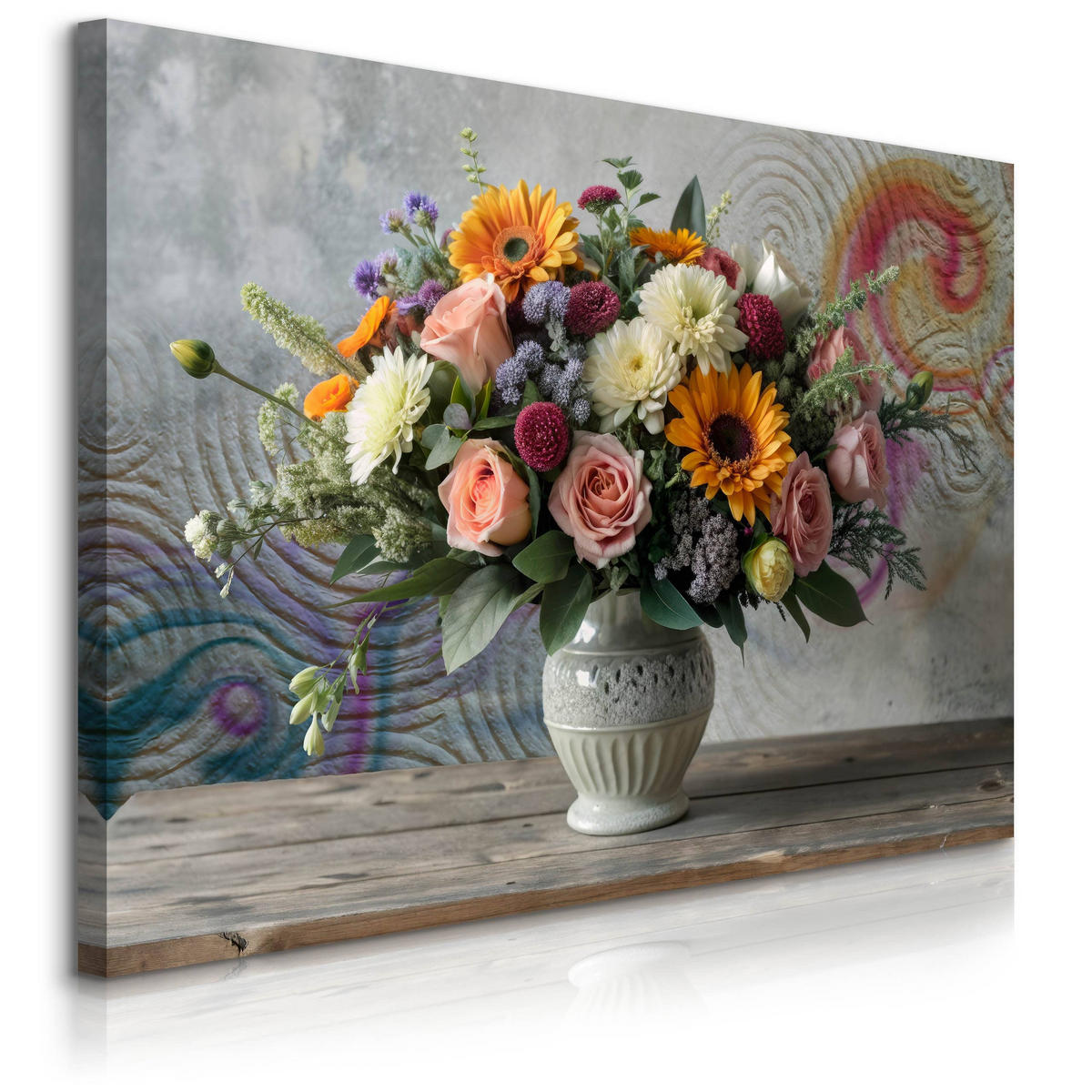 LEINWANDBILD für Wohnzimmer Blumenstrauß in Vase Ornamenten 70cm x 50cm - Blau/Beige, Textil (70/50cm) - Muralo