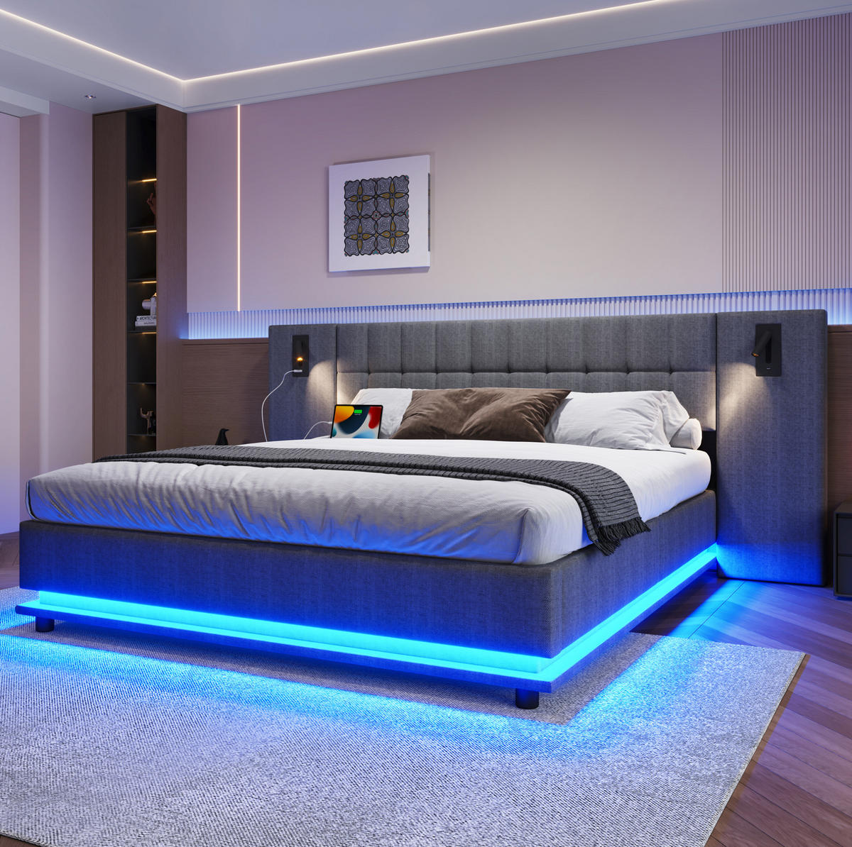 POLSTERBETT mit LED-Leiste und USB 180x200 cm Leinen Grau - Grau, Metall (180/200cm) - Meubliv
