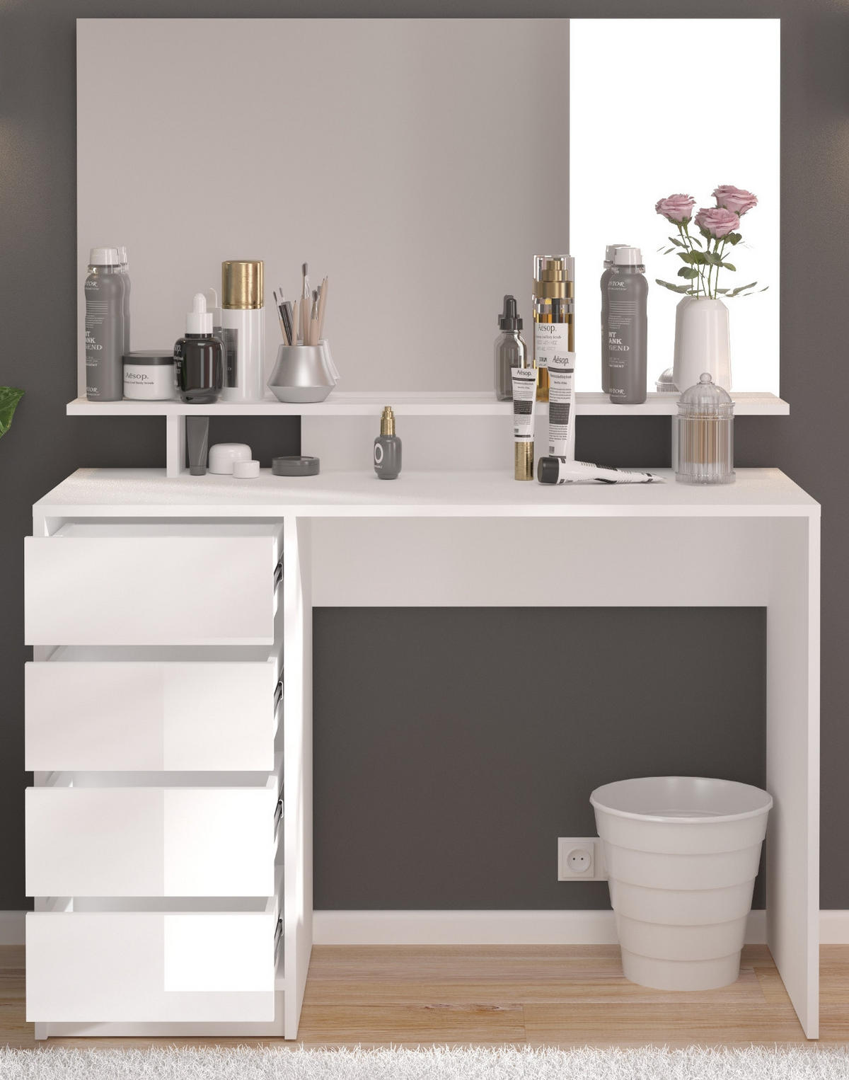 SCHMINKTISCH weiß Hochglanz 110 cm, Kosmetiktisch mit Schubladen und Spiegel - Weiß, Holzwerkstoff (110/145/48cm) - Inn.Furn