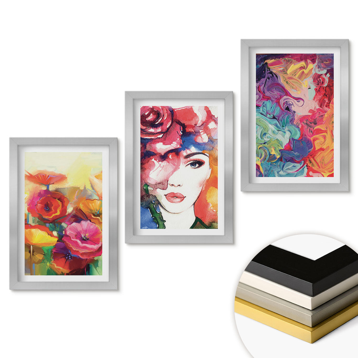 WANDBILDER 3er Set - 20x30 cm Silberner Rahmen - Intensives Blumenporträt einer Frau - Silberfarben, Kunststoff (20/30cm) - ArtPrintCave