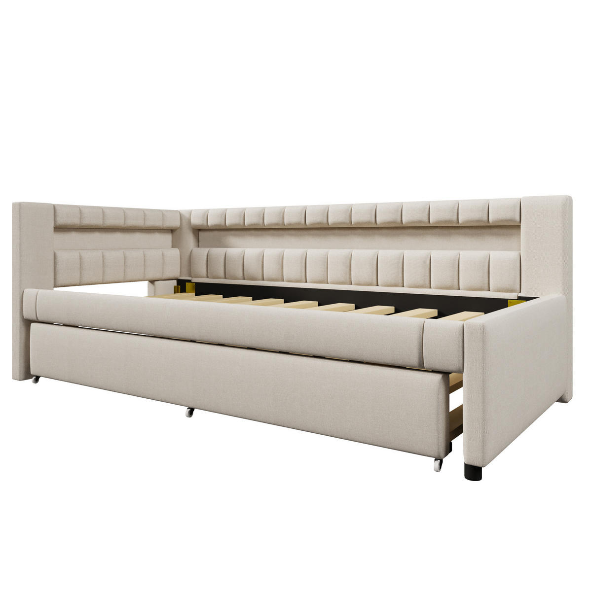 POLSTERBETT 90/200 cm aus Leinen mit LED-Beleuchtung und USB- und Type-C-Anschlüssen - Beige, Textil (90/200cm) - Flora Grace