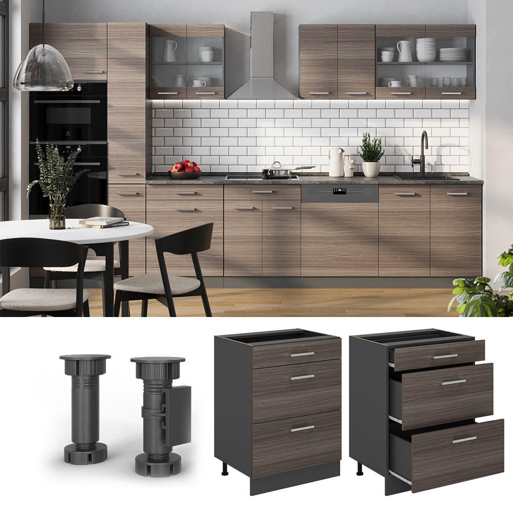 KÜCHENUNTERSCHRANK R-Line Edelgrau 60 cm mit Schubladen, AP Eiche - Anthrazit/Braun, Holzwerkstoff (60/81.6/60cm) - Vicco