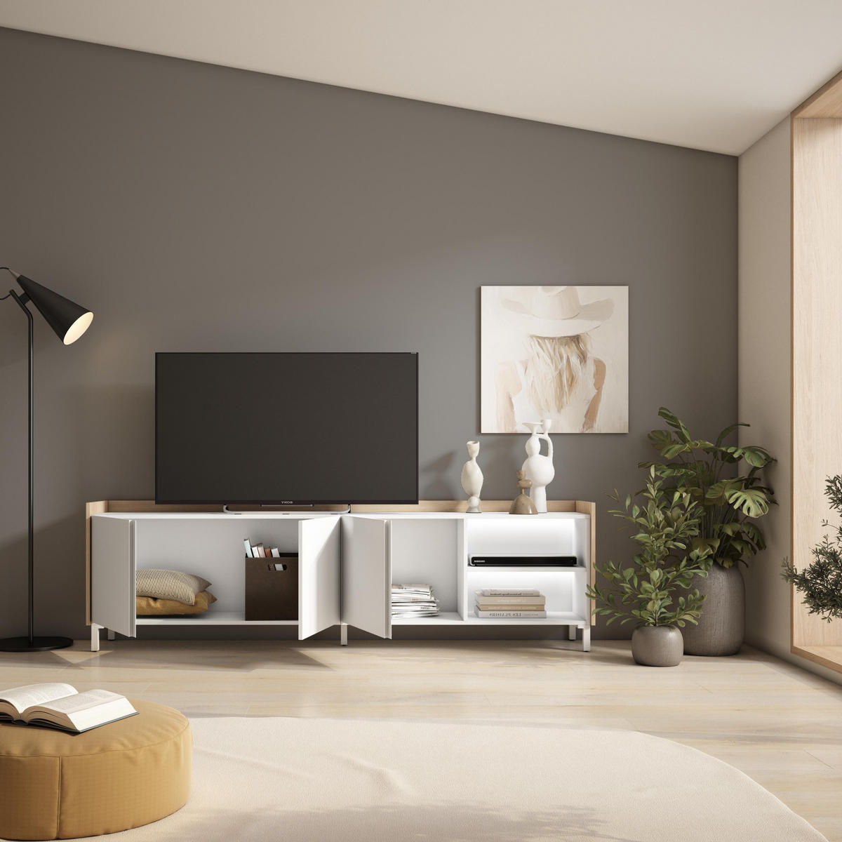 LOWBOARD, Weiß und Eiche, 207/35/61cm, mit Beinen - Weiß, Holzwerkstoff (207/61/35cm) - Skraut Home