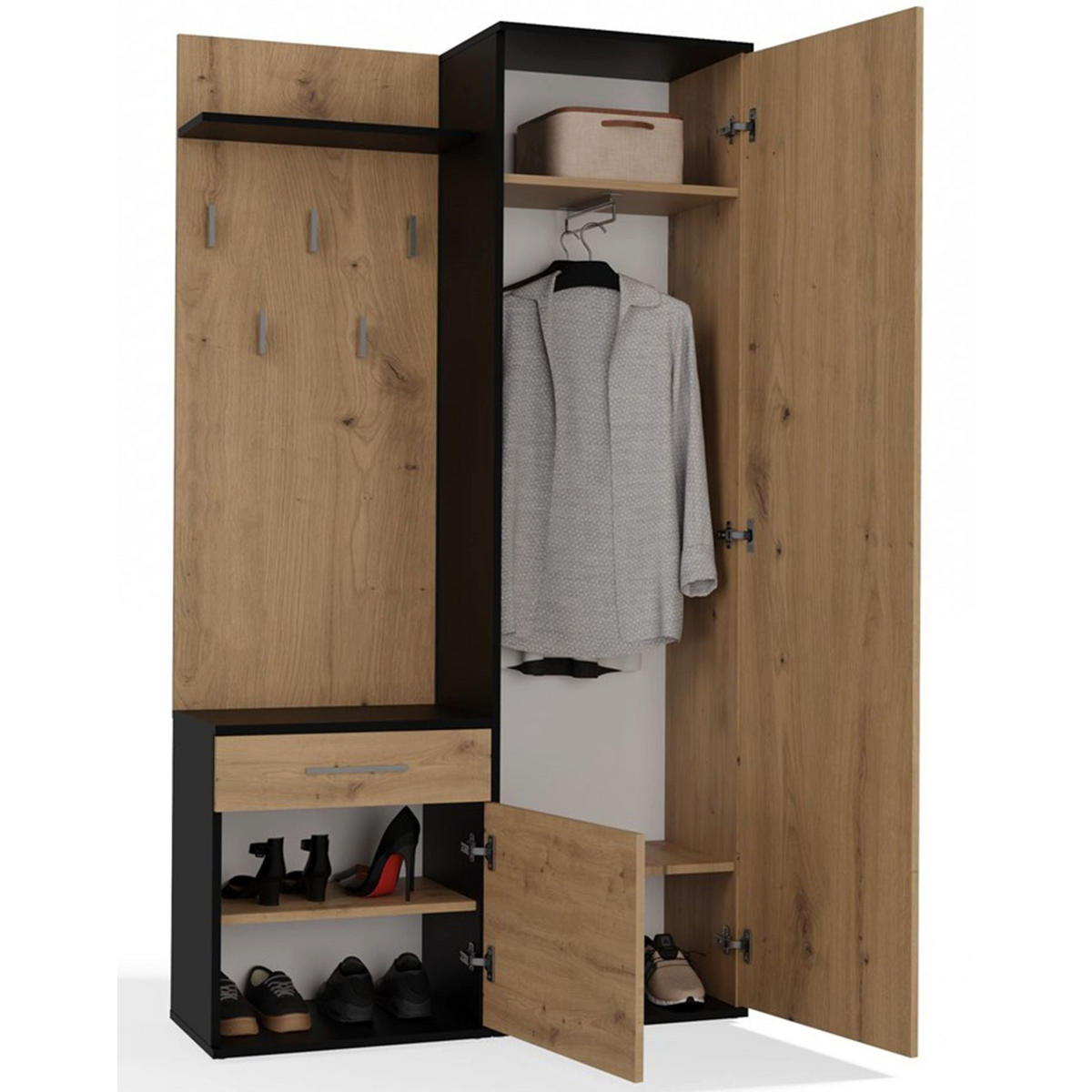 FLURMÖBEL-SET Duvio Eiche Artisan / Anthrazit - Eichefarben/Silberfarben, Holzwerkstoff/Kunststoff (100/35/180cm) - Selsey
