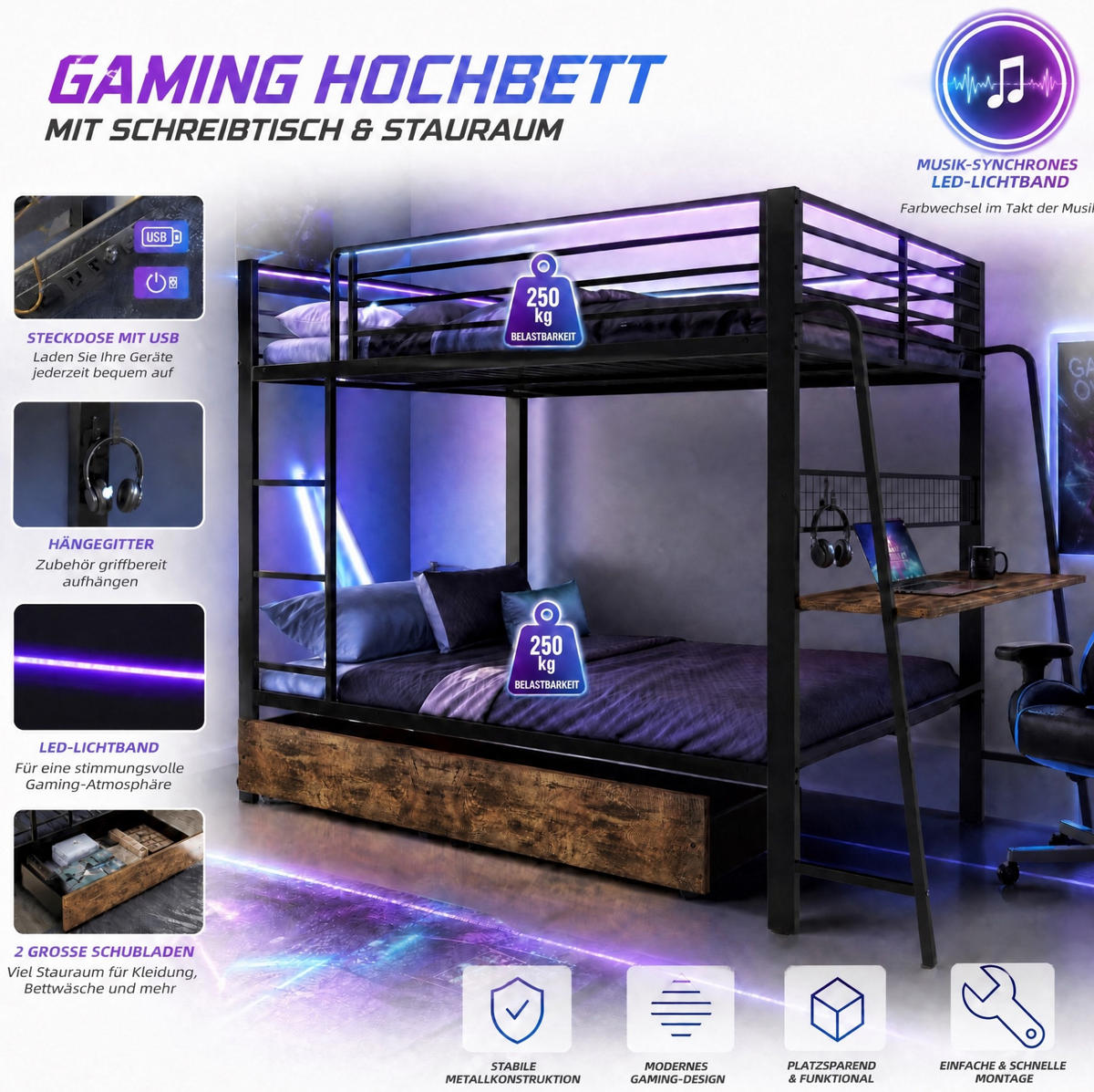 HOCHBETT aus Metall und MDF 140x200 cm Schwarz mit Schreibtisch, RGB-LED-Beleuchtung und Stauraum - Schwarz, Holzwerkstoff (140/200cm) - Modfu