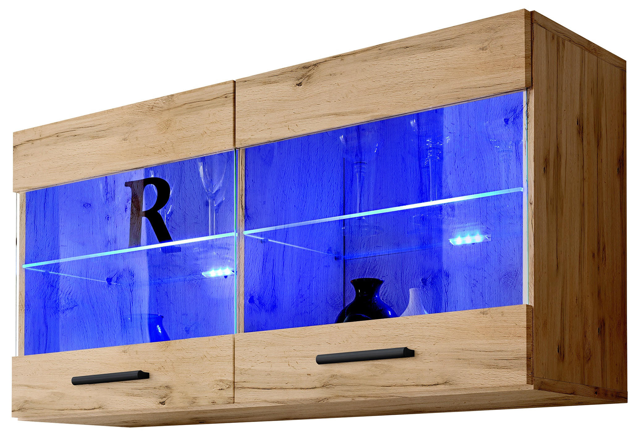 HÄNGEVITRINE SAVONA, Wotan, LED Blau - Eiche Wotan/Schwarz, Glas/Holzwerkstoff (100/50/27.2cm) - Komodee