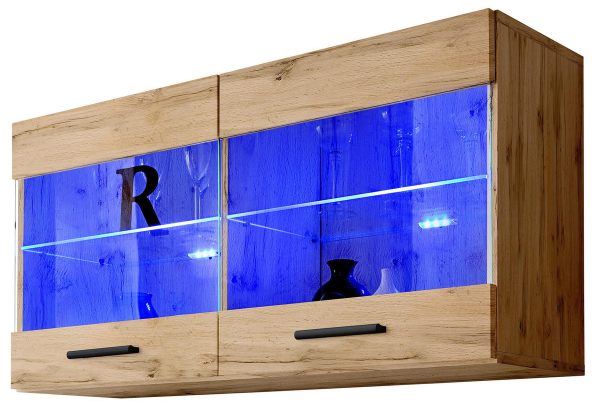 HÄNGEVITRINE SAVONA, Wotan, LED Blau - Eiche Wotan/Schwarz, Glas/Holzwerkstoff (100/50/27.2cm) - Komodee