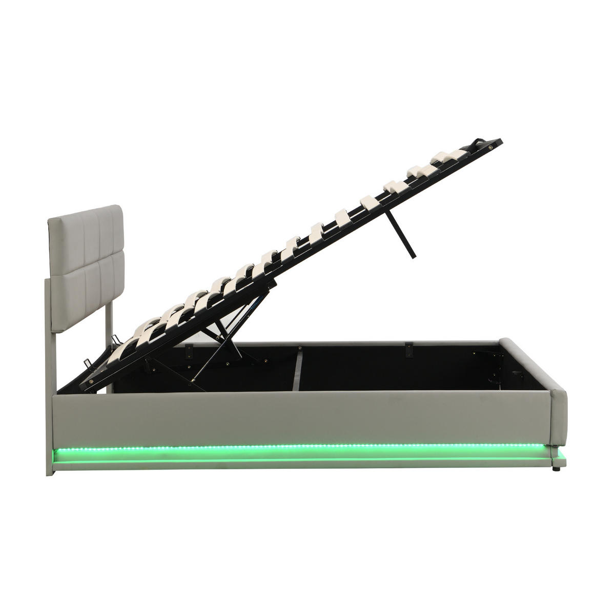 POLSTERBETT 180/200 cm aus Kunstleder mit LED-Beleuchtung, hydraulischem Bettkasten und verstellbarem Kopfteil, Zementgrau - Grau, Kunststoff (180/200cm) - Redom