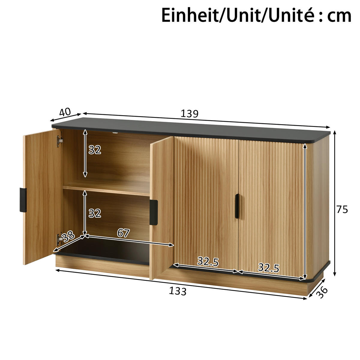 SIDEBOARD 4 Türen Riffelung Holzoptik Stauraum modern - Naturfarben, Holzwerkstoff (40/75/139cm) - FLIEKS