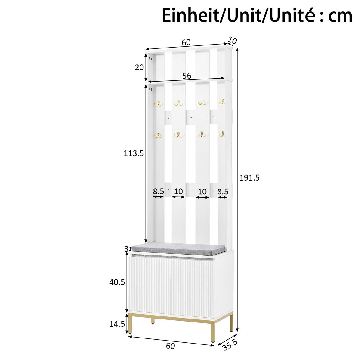 GARDEROBENBANK Weiß mit Schuhschrank und LED - Weiß, Holzwerkstoff (60/191.5/35.5cm) - FLIEKS